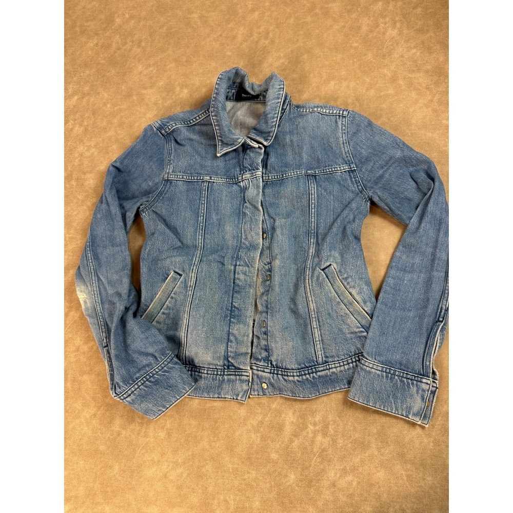 Theory Womens Collared Long Sleeve Button Snap Closure Blue Denim Jacket Small P